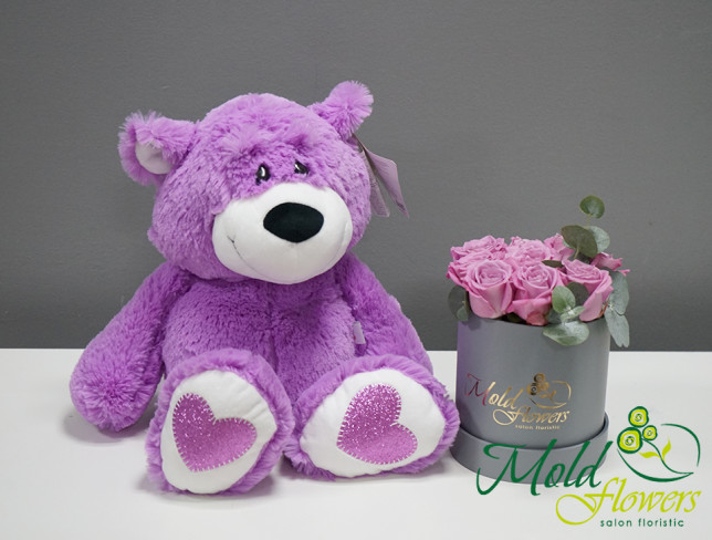 Set: Purple Roses in Gray Box and Andryusha Teddy Bear in Purple, H=45 cm photo